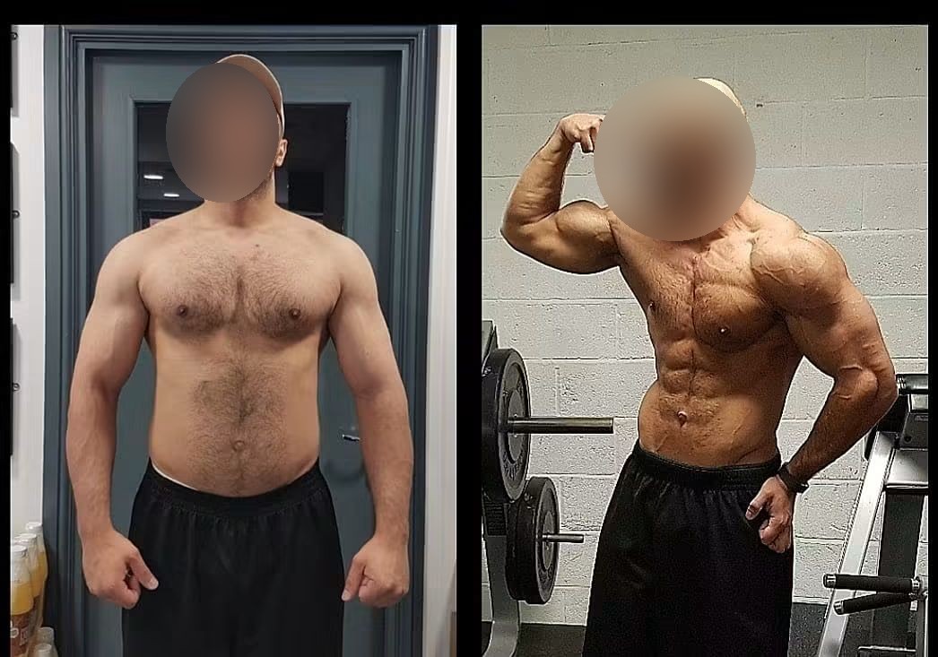 Before and after: a client's fat loss and muscle build transformation, face blurred