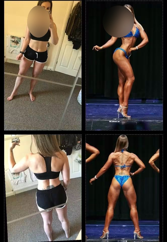 Before and after: a client prepared for her first stage competition, face blurred