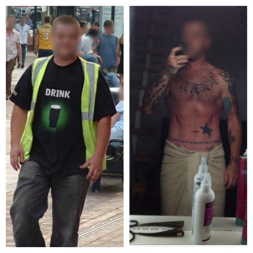 Before and after: a client's substantial fat loss and muscle definition transformation, faces blurred