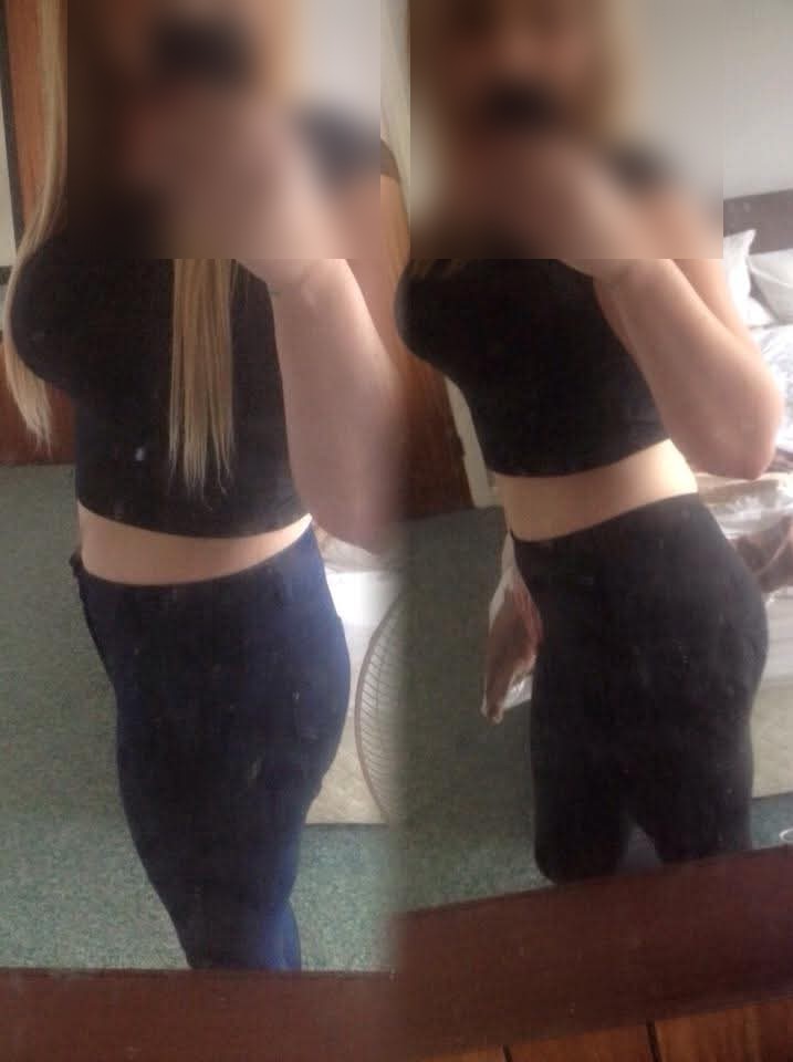Before and after mirror photos showing a client's physique transformation, faces obscured