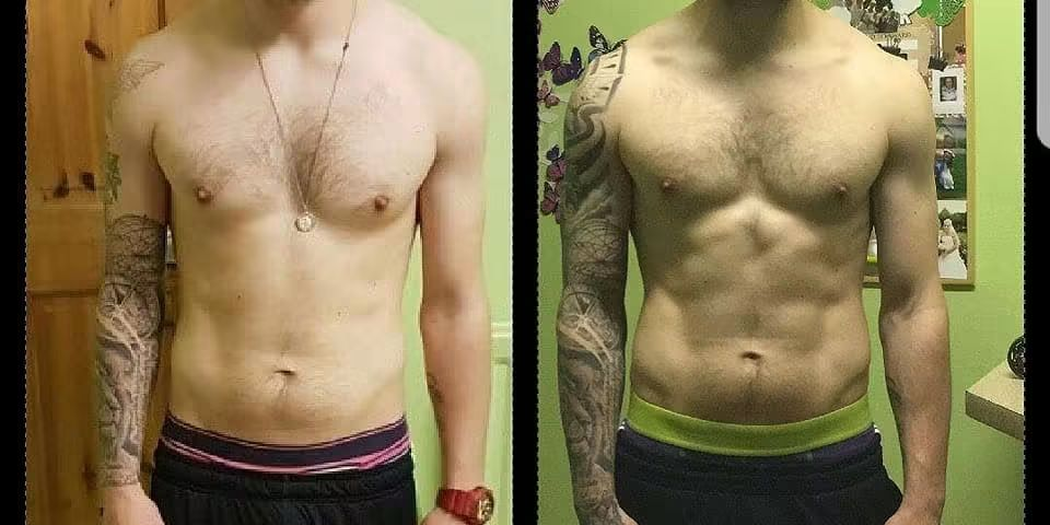 Before and after: a client's chest and arm muscle gain, face blurred
