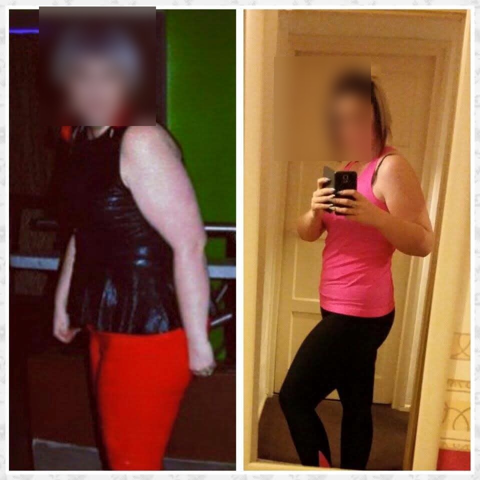 Before and after: a client's fat loss transformation, faces blurred