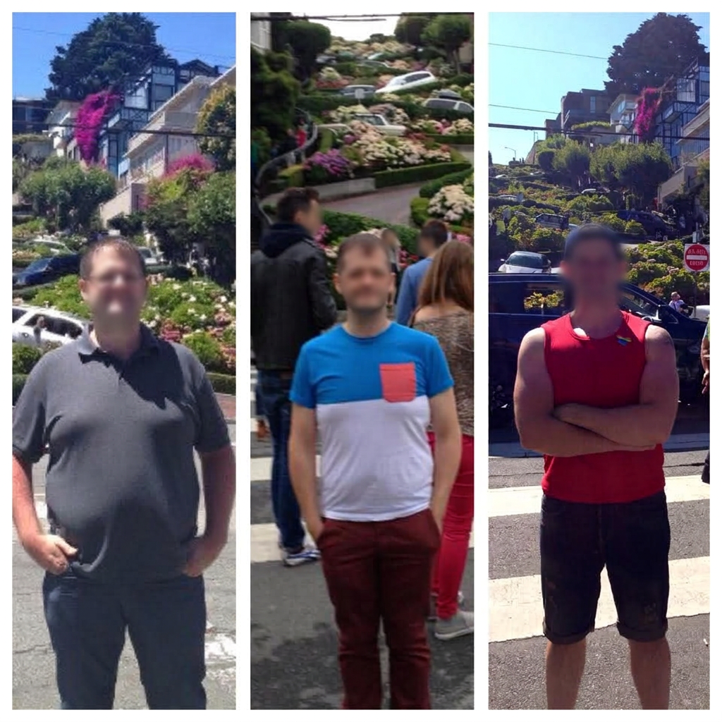 Three-stage progression showing a client's fat loss and muscle-building transformation, faces blurred