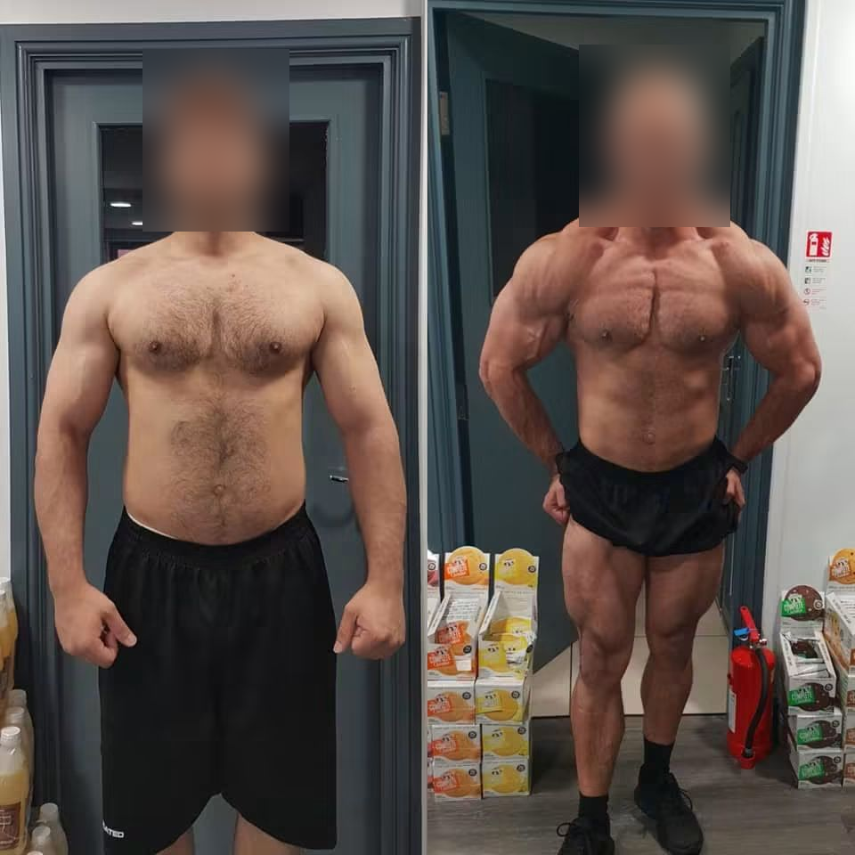 Before and after: a client's muscle-building transformation, face blurred