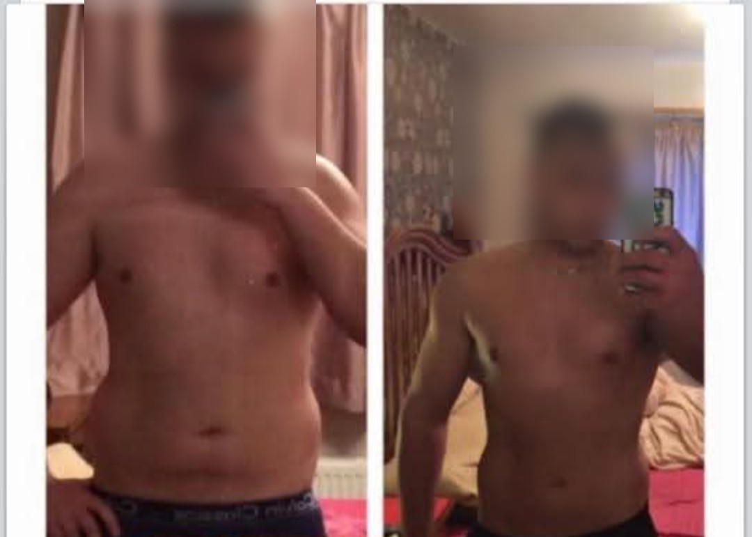 Before and after: a client's fat loss and muscle definition transformation, faces blurred