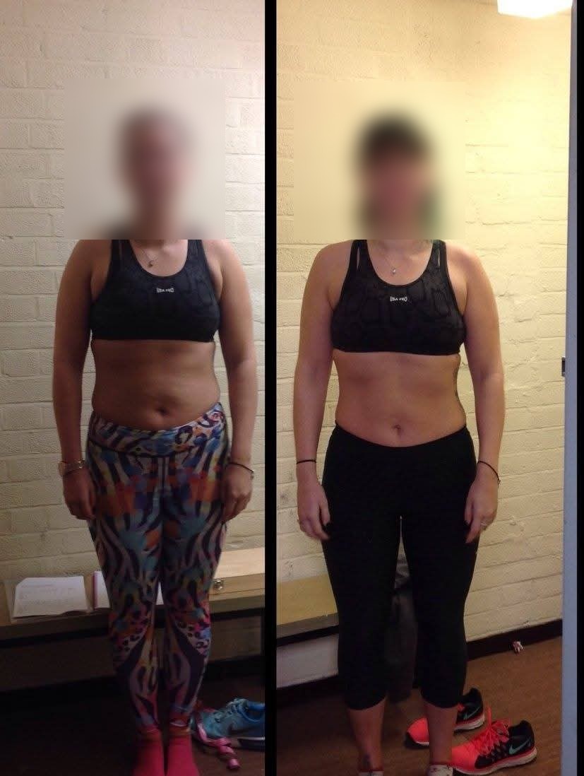 Before and after: a client's waist and fitness transformation, faces blurred