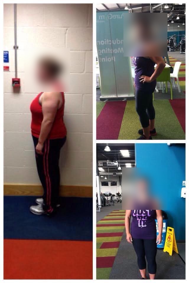 Three-photo progression showing a client's fat loss transformation, faces blurred