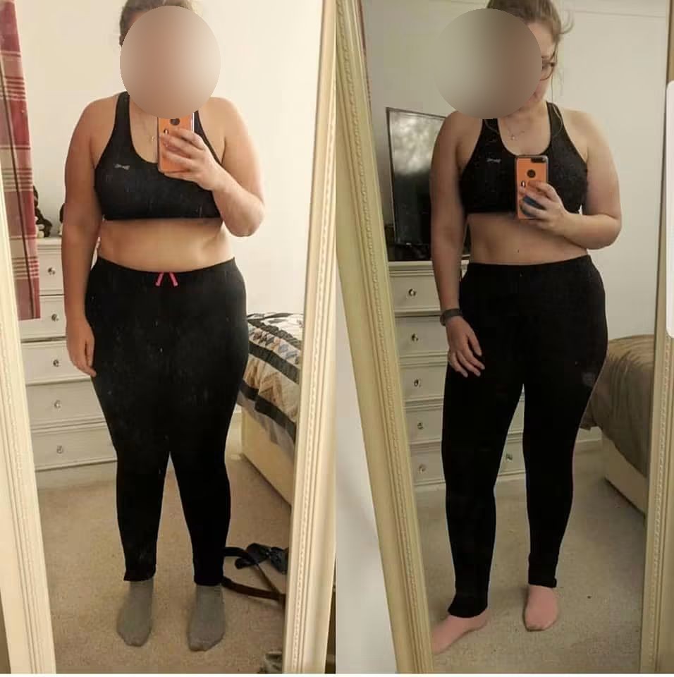 Before and after: a client's sustainable fat loss progress, face blurred