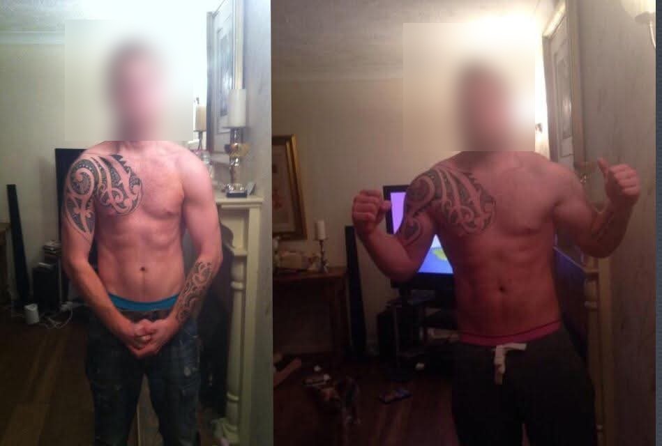 Before and after: a client's muscle-building transformation, faces blurred