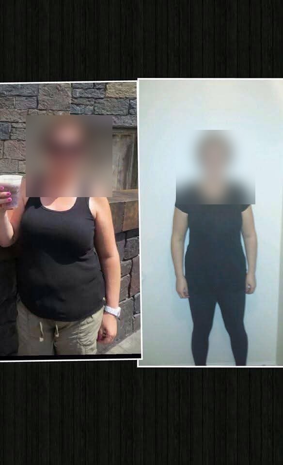 Before and after: a client's weight-loss transformation, faces blurred