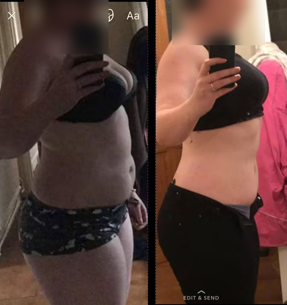 Before and after: a client's fat loss progress, face blurred