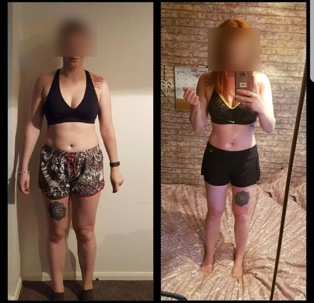 Before and after: a client's toning and fat loss transformation, face blurred