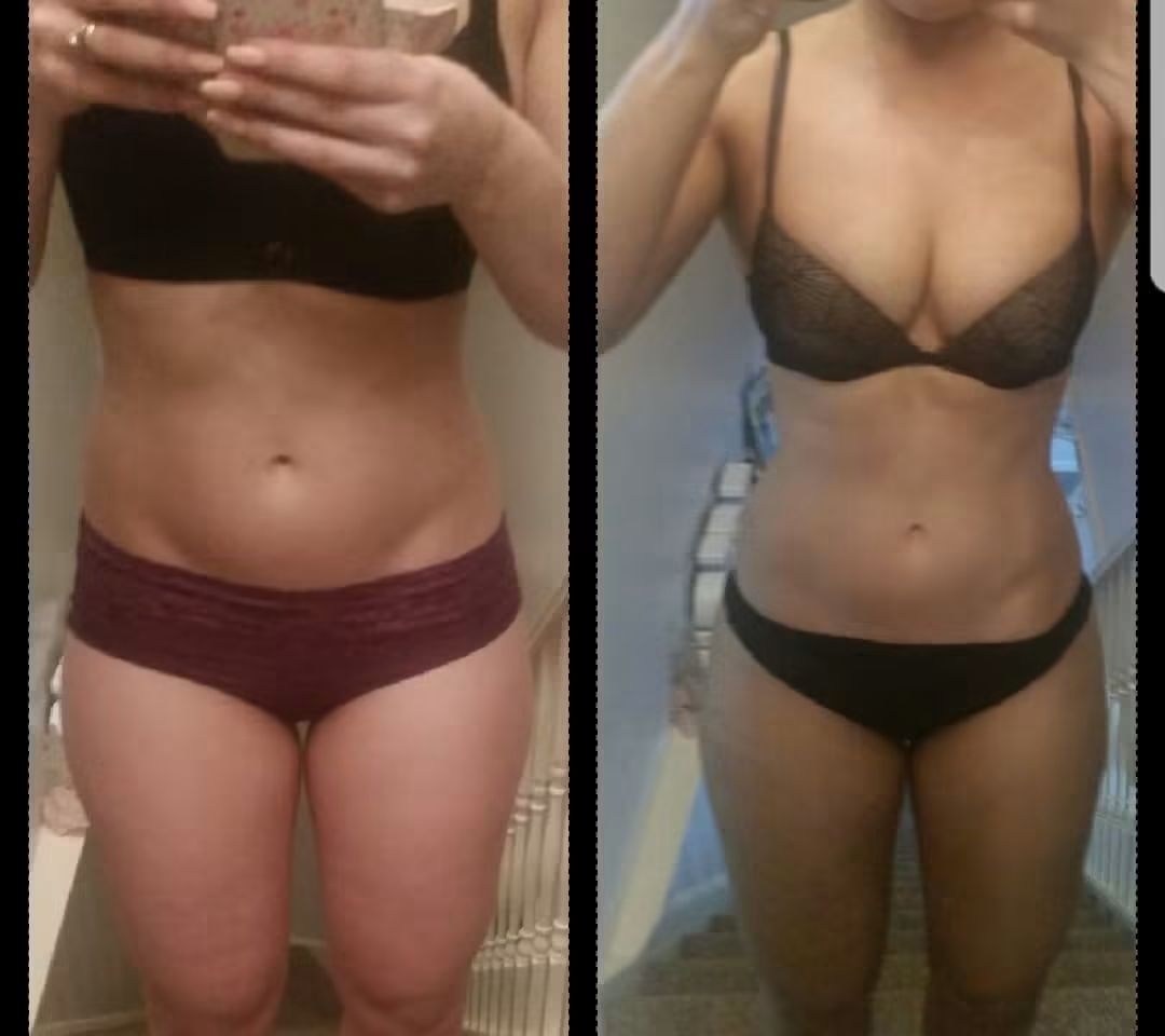 Before and after: a client's waistline and core transformation, face blurred