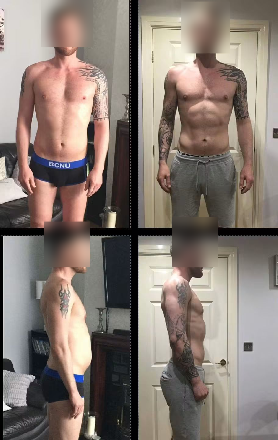 Before and after from four angles: a client's physique transformation, face blurred