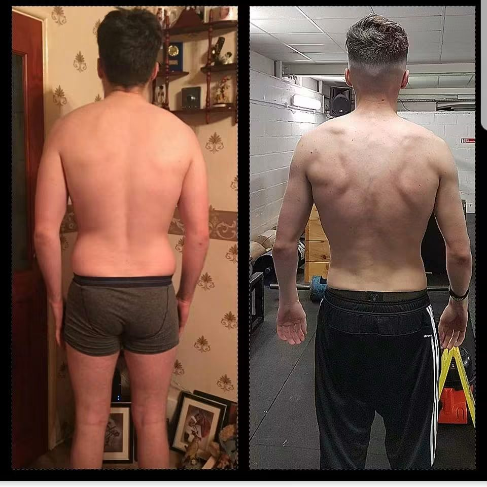 Before and after: a client's back transformation, face blurred