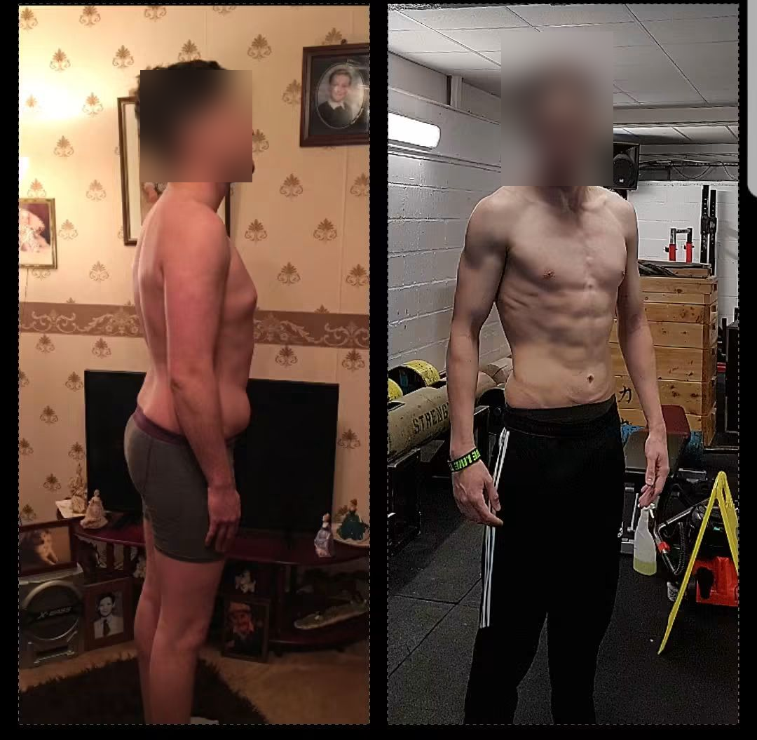 Before and after: a client's lean muscle transformation, face blurred