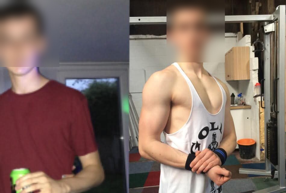 Before and after: a client's upper-body muscle gain, faces blurred